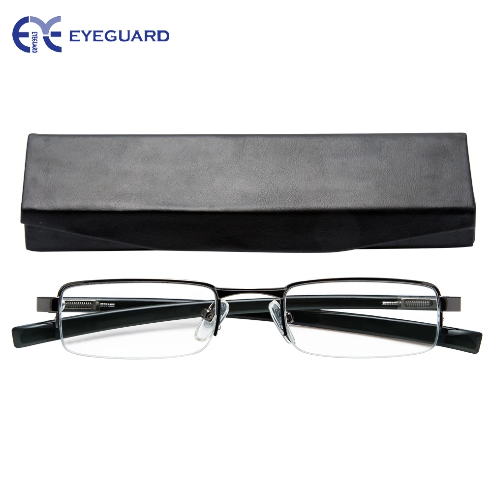 

EYEGUARD Half Metal Frame Mini Size Lens Reading Glasses Readers Unisex with Hard Case Grey