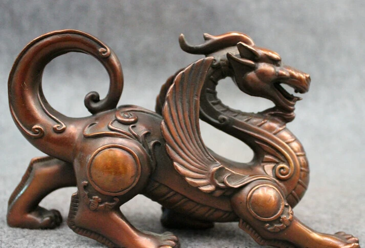 

S4904 8" Classic Chinese Pure Bronze Guardian Fly Dragon Kylin Unicorn Beast Statue D0317