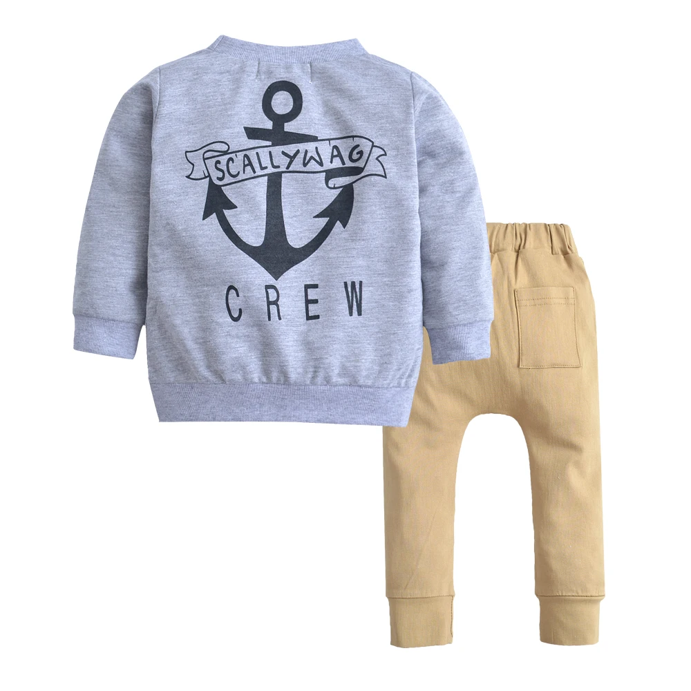Одежда для маленьких мальчиков Детский хлопковый серый свитер с длинными рукавами+ брюки цвета хаки комплект модной детской одежды из 2 предметов, Модный комплект для маленьких мальчиков