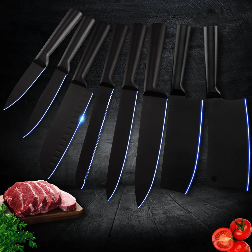 

3cr13 Stainless Steel Kitchen Knife Set Fruit Utility Santoku Slicing Bread Chef Nakiri Chopping Kitchen Accessories 8 Pcs Set