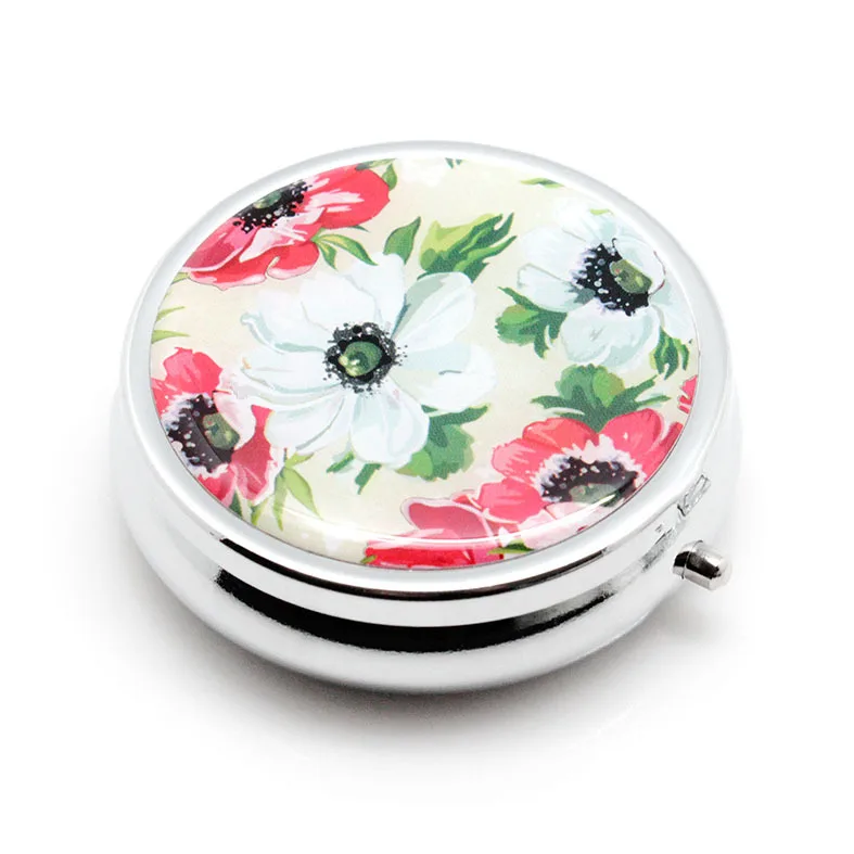 1PCS Portable Metal Round Flower Print Organizer Cute Compartment Pill Case Divid Storage Tablet Container Medicine Box