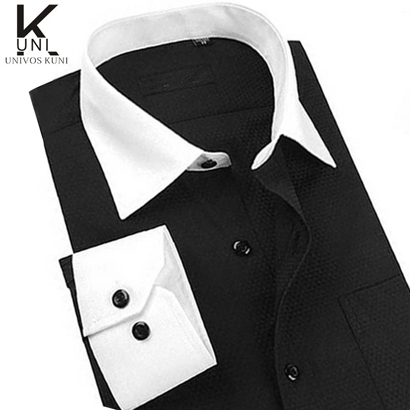 black dress shirt with white collar and cuffs