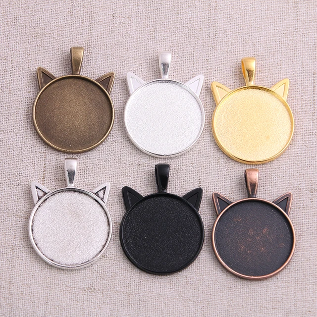 DIY Jewelry Making 10PCS Cat Ears Shape Setting Charms Cabochon Cameo Base  Tray Bezel Blank 25mm Round Glass Pendant Necklace