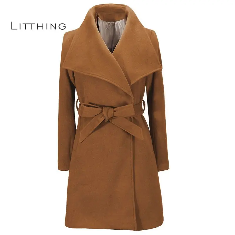 LITTHING Women Jackets Elegant Wool Blends Pocket Bow Tie Belt Coat