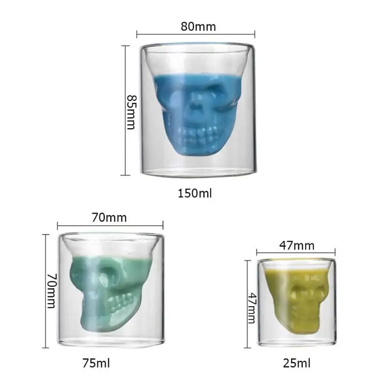 3 sizes Two ways Shot Transparent Crystal Skull Head Glass Cup Beer Mug Wine Glass Mug Crystal Whisky Vodka Coffee Cup25ml~150m