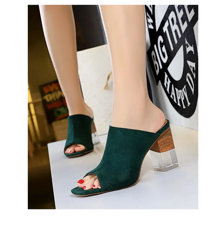 BIGTREE/Новинка года; Шлепанцы из флока; модные женские туфли на высоком каблуке с открытым носком и квадратным каблуком; пикантная женская летняя обувь; офисная обувь