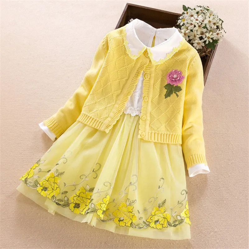 Платье для девочек детская одежда осенние детские платья для девочек пуловер, вязаные свитера; платье принцессы; детское платье с цветами Костюмы - Цвет: Цвет: желтый