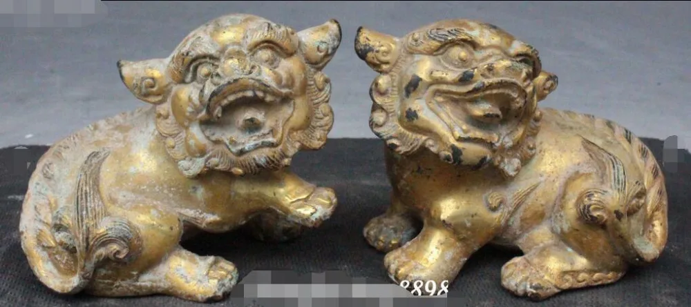 

Old Chinese Antique Bronze Foo Fu Dog Guardion Lion Lions Animal Statue Pair