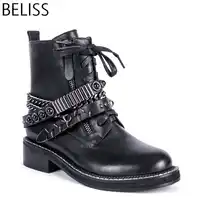 BELISS 2018 western ข้อเท้ารองเท้าซิปโซ่แฟชั่น lace-up รองเท้าบูทต่ำผู้หญิงพังค์สไตล์ฤดูใบไม้ผลิฤดูใบไม้ร่วงของแท้หนัง B82
