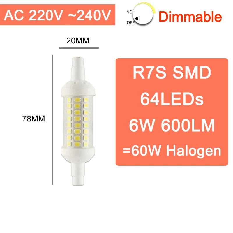 R7S светодиодный лампочка COB стеклянная трубка 78 мм 6 Вт 118 мм 15 Вт лампа с регулируемой яркостью заменить галогенную лампу 80 Вт J118 лампарда диод Точечный светильник AC110V 220 В - Испускаемый цвет: SMD 78mm 220V Dim