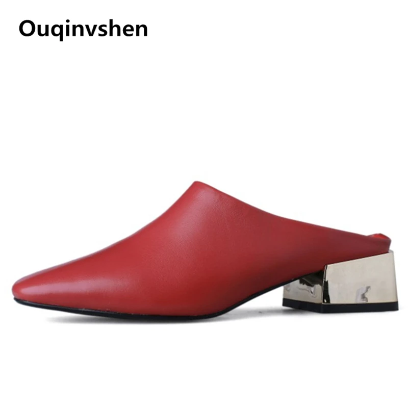 

Ouqinvshen Square Toe High Heels Slippers Cow Leather Shallow Mules Women Fashion Shoes Women 2019 Outdoor Summer Slipper Women