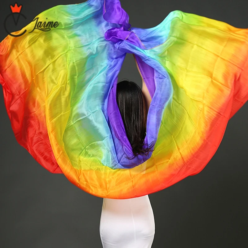 

8 mommes 100% Silk Performance Veil Dancer Contrast Colors Light Texture Rectangular Scarf Women Rainbow Veil Belly Dance 8 Mumi