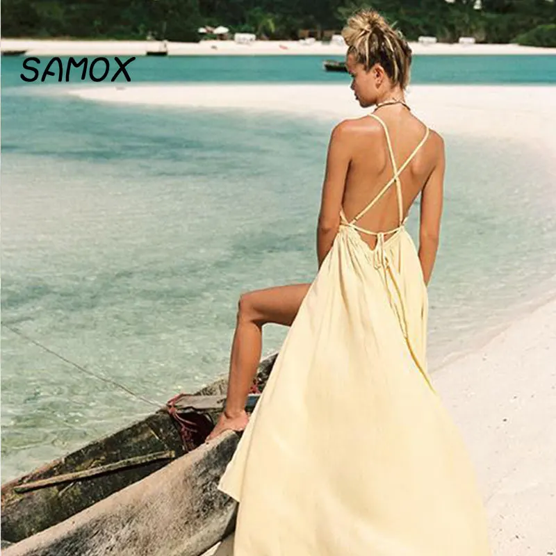 JSMY 2019 New Summer Bohemian Dress Fashion Women Beach Holiday Sytle Sling Backless Dress Long Slit