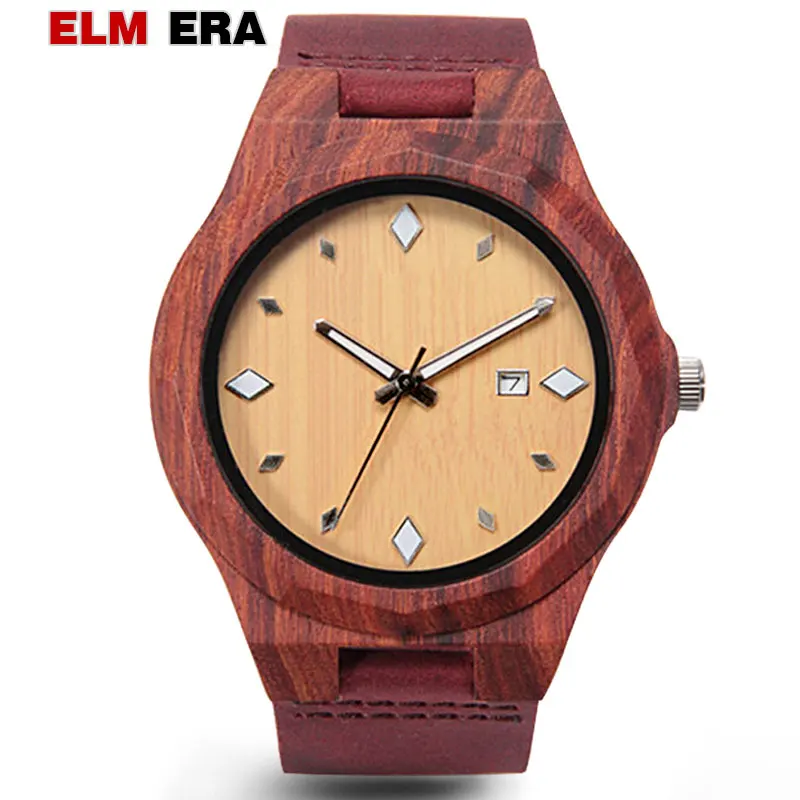 ELMERA relogio masculino деревянные часы для мужчин красный кожаный ремешок мужские