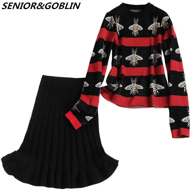 

219 New Fashion Women 2 Piece Set Bees Jacquard Knitted Hit Color Striped Pullover Sweater+High Waist Pleated Skirt Suit Clothes