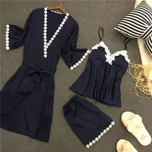 Сексуальный женский халат набор мягкая одежда для сна вискоза шелковые женские пижамы комплект из 3 предметов пижамы