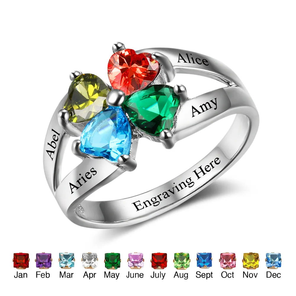 

Custom Heart Birthstone Rings For Family Engrave 4 Names 925 Sterling Silver Rings Anniversary Rings Free Gift Box (RI102501)