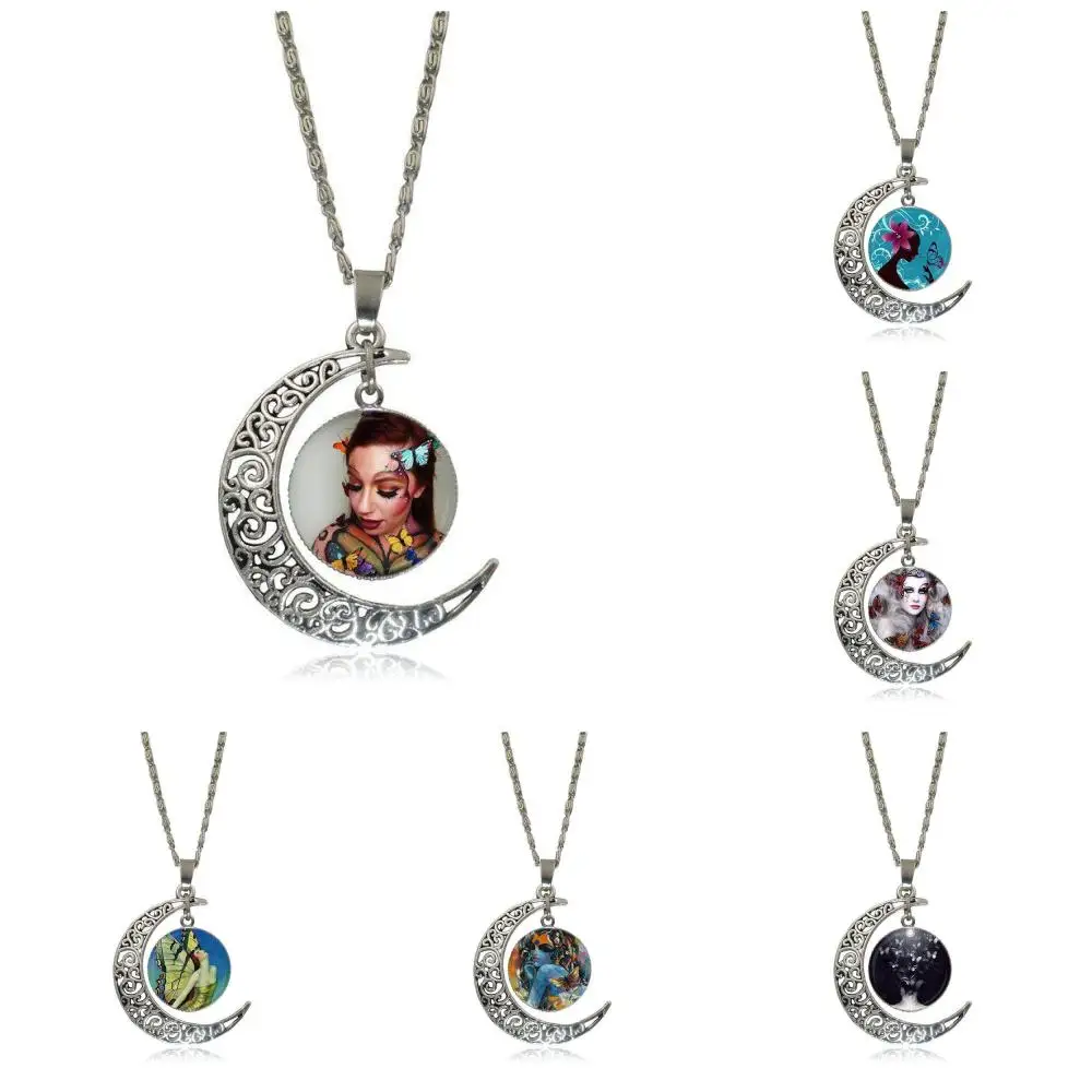 EJ Glaze Life Magazine Butterfly Woman Fashion Glass Cabochon Moon Pendant Necklace Choker Jewelry For Women Gifts Boy | Украшения и