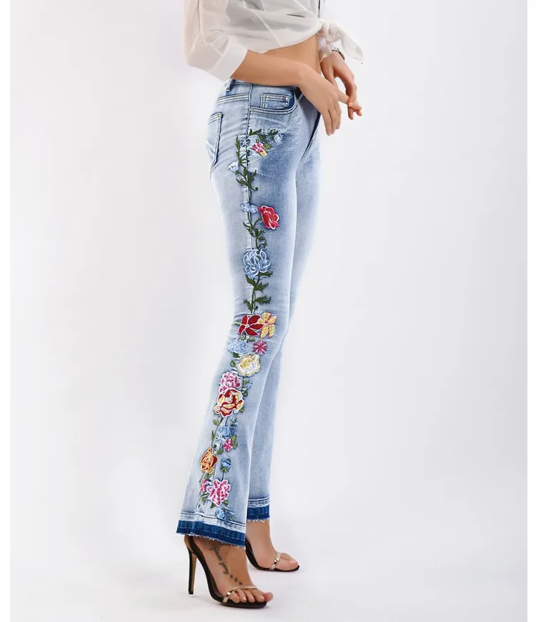 catonATOZ 2223 Женская мода Джинсы средней талии с вышивкой Эластичные расклешенные джинсы Для женщин
