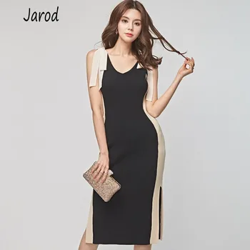 

Summer Sexy V Neck Bodycon Knitted Women Dress 2019 Sleeveless Hit Color Bow Sweater Dress Fashion Split OL Vestidos
