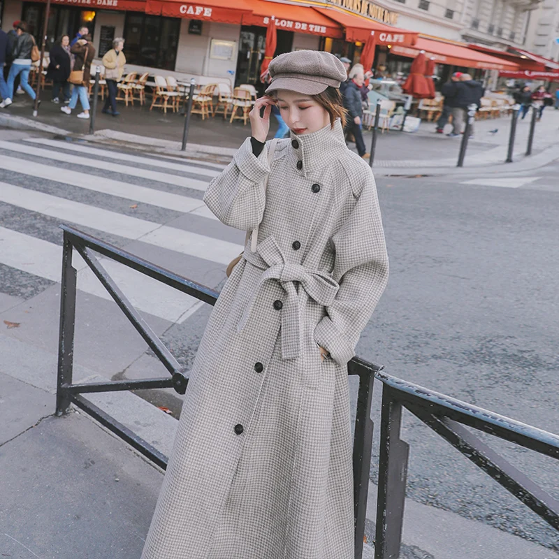 Высокое качество, клетчатое шерстяное пальто для женщин, новинка, Корейская шерсть, ветровка, женский осенний зимний длинный плащ с поясом d056