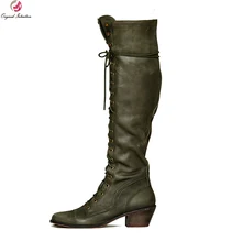 Оригинальное предназначение; качественные женские сапоги до колена; сапоги с круглым носком на квадратном каблуке; модная обувь в армейском стиле; женская обувь; большие размеры США 4-15