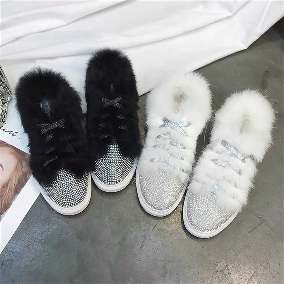 

Women's Slippers Autumn winter Round Toe Fur Lazy Shoes Outdoor Flat Slippers Shiny Rhinestone Decorative Shoes Women