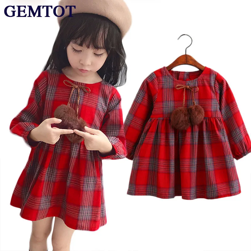 

GEMTOT 2018 New Girls Lattice Dress Fashion Autumn Long-sleeved Square Ball Hair Decoration British Brand High Quality k1