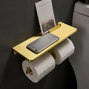 

Solid Space alumin Brushed Gold Paper Phone Holder with Shelf Bathroom Black Phones Towel Rack Toilet Paper Holder Tissue Boxes