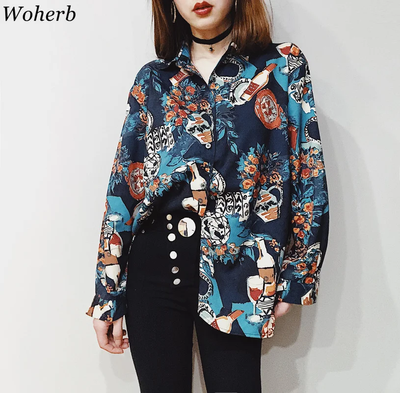 Woherb винтажная Блузка Женская Harajuku рубашка Топ 2020 уличная Свободные повседневные