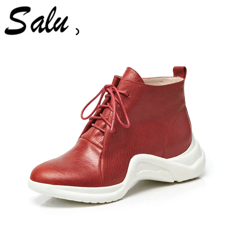 

Salu Martin Boots Women 2019 Autumn Ankle Boots Genuine Leather Motorcycle Boots Fashion Lace Up Round Toe Shoes for Women