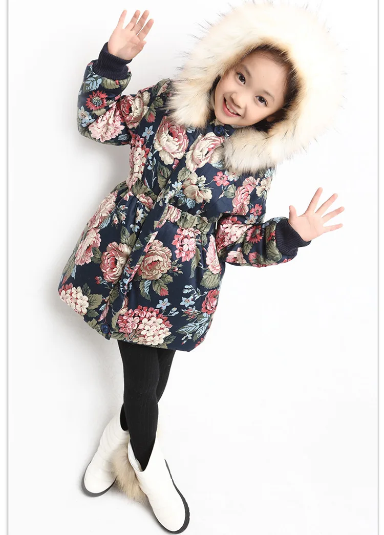 Коллекция года, зимние пальто для девочек модная детская одежда длинная куртка утепленное пальто с цветами Теплая детская верхняя одежда с капюшоном, парки