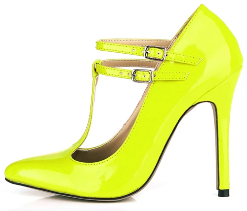Пикантные вечерние туфли-лодочки с острым носком на высоком каблуке-шпильке с Т-образным ремешком; Escarpins Femmes Talon Haut Aiguille Laniere en T Soiree YJ0640-i - Цвет: Fluorescence Yellow