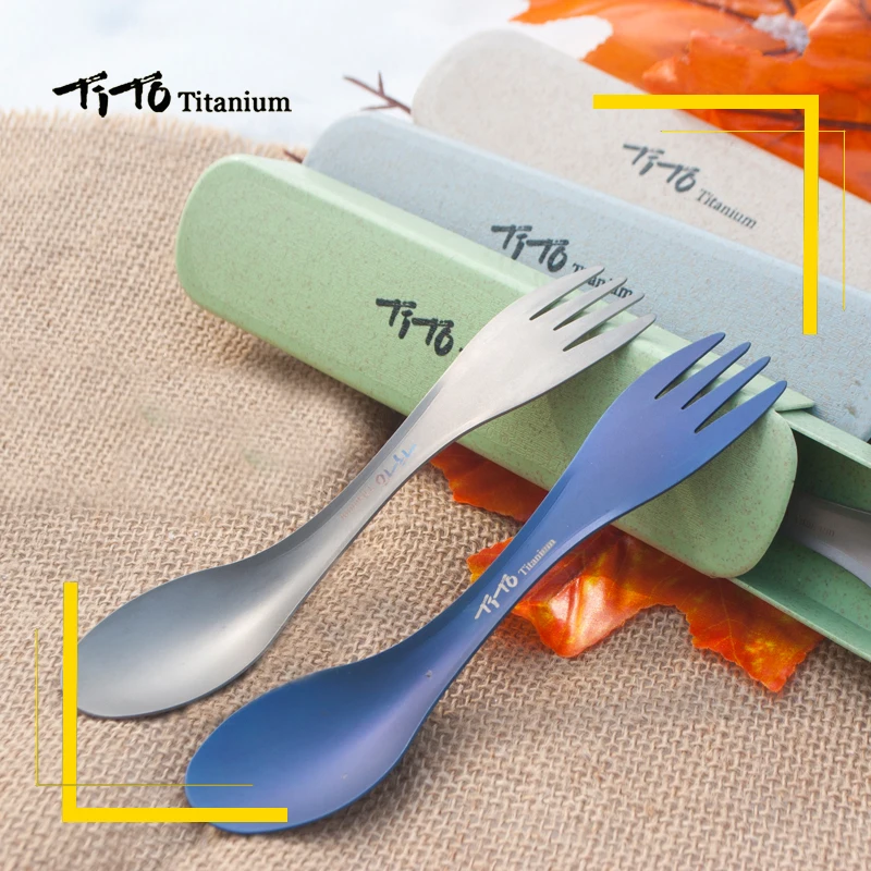 TiTo al aire libre Camping Picnic cuchara de titanio vajilla caja de tenedor de titanio paquete ultraligero puro titanio Spork para regalo