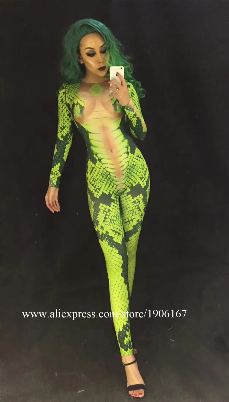 Green Snake Jumpsuit Halloween 3D cosplay Costume women sexy Nightclub Party dress5