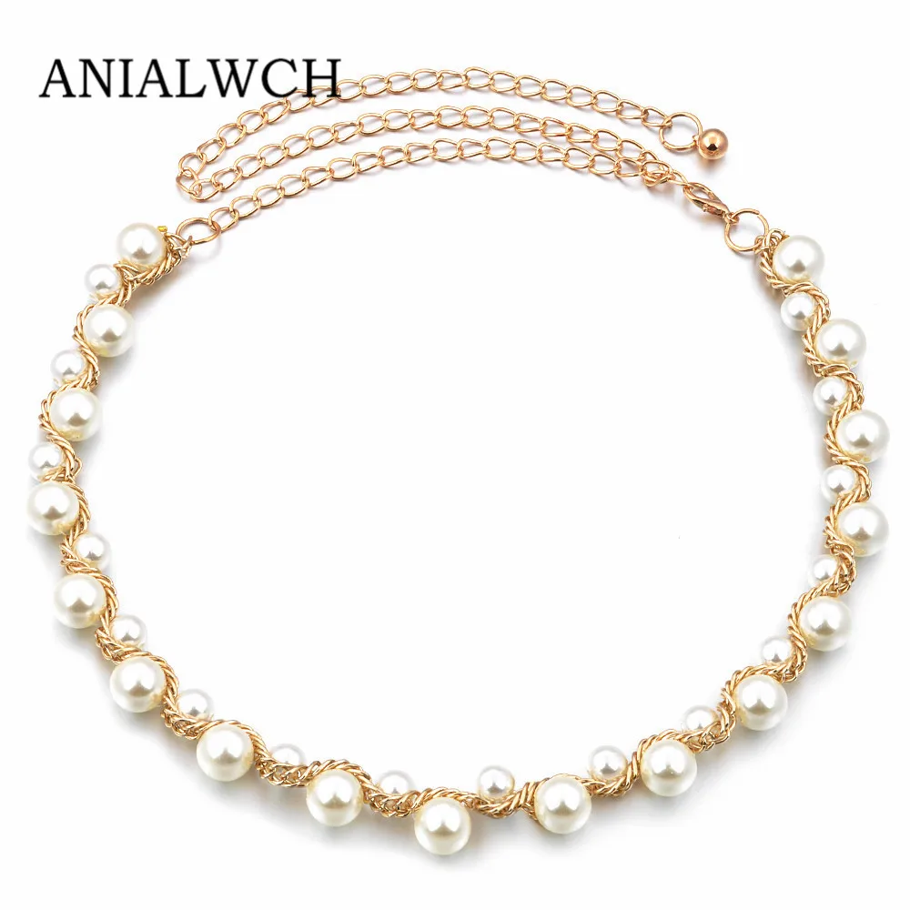 

HOT METAL BEADED PEARL NECKLACE WAIST CHAIN BELT WOMEN DRESS 2019 HIGH QUALITY CASUAL GOLD BRAIDED BELT FEMALE BRACELET F012