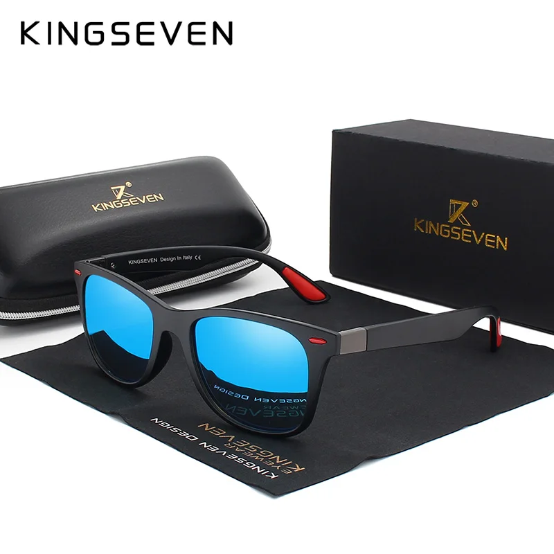 KINGSEVEN, брендовые классические мужские Поляризованные Квадратные Солнцезащитные очки, зеркальные линзы, унисекс, солнцезащитные очки, черная оправа, очки - Цвет линз: black blue