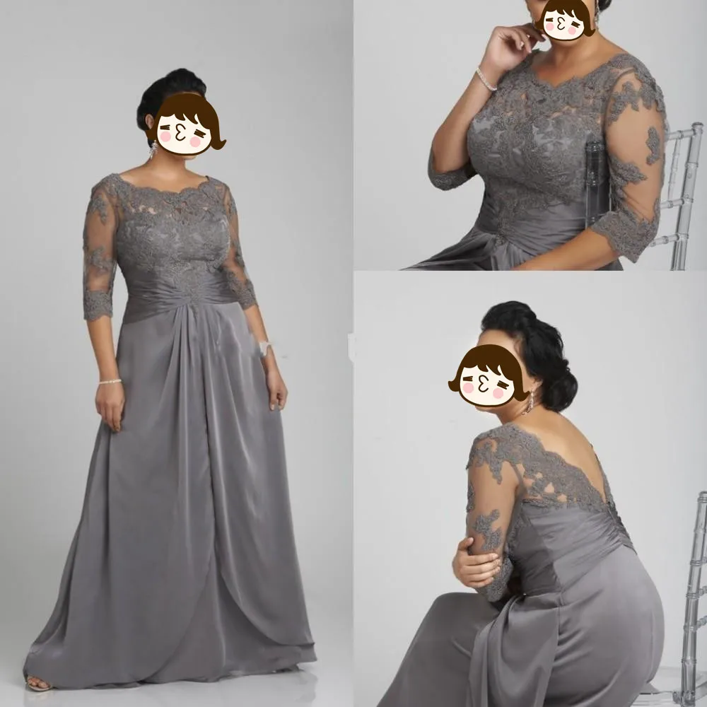 

Plus Size Grey Mother Off the Bride Dresses 2019 farsali Applique Open Back Vintage 3/4 Long Sleeves Women Formal Evening Gowns