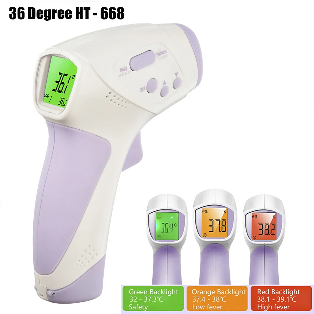 

36 Degree HT - 668 Non-Contact Infrared Thermometer Forehead IR Body Temperature Measuring Tool With 3 Colors LCD Backlight