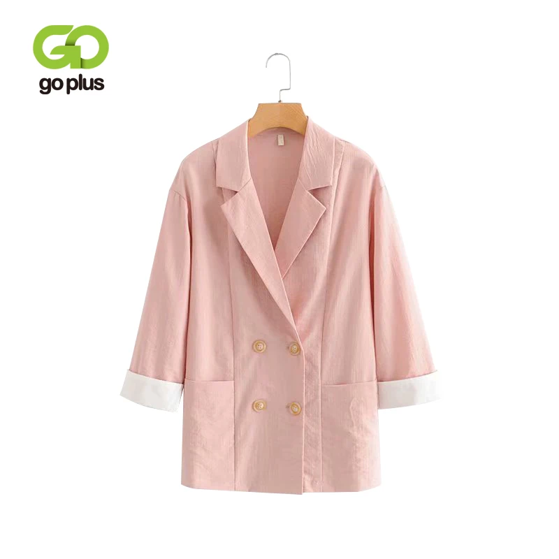 GOPLUS 2019 New Spring Korean Blazer Noteched Double Breasted Blazers Women OL Office Lady Cotton Linen Pink Green Blazer  C7801