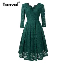 Тонваль зеленое офисное женское платье с высокой талией, платье с v-образным вырезом, цветочное кружевное Плиссированное элегантное платье, осень