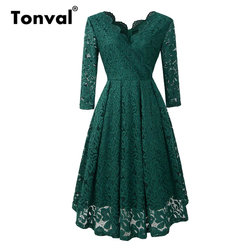 

Tonval Green High Waist Office Lady Women Dress V Neck Floral Lace Pleated Dress Elegant 2019 Spring Fromal Dresses