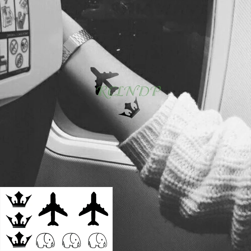 

Waterproof Temporary Tattoo Sticker Crown aircraft Elephant Fake Tatto Flash Tatoo Tatouage Wrist Foot Hand For Girl Women Men