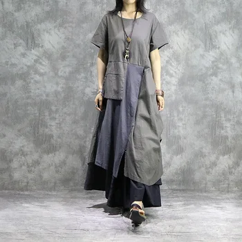 

Women Literary Cotton Linen Dress 2019 Summer Stitching Contrast Color Short Sleeve Irregular Ankle-length Dress XL-01
