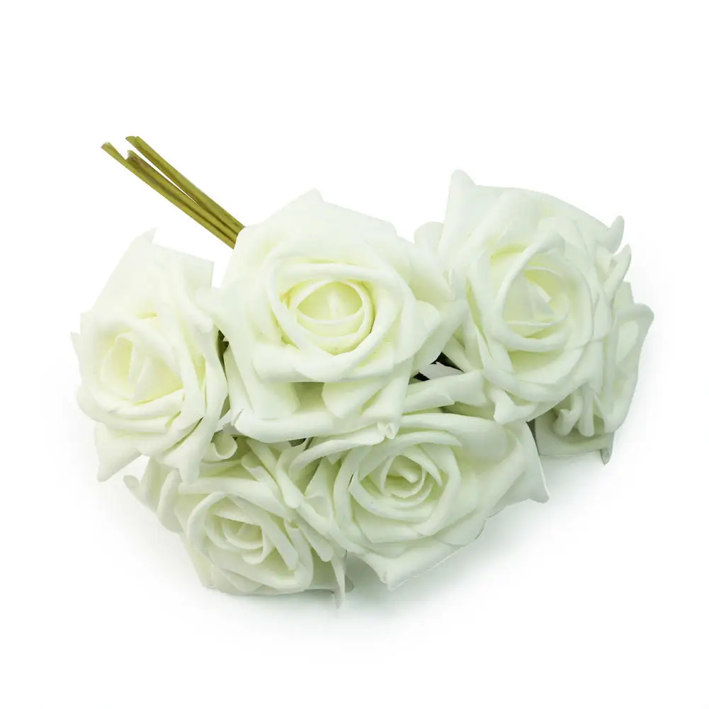 1 Bunch of 6pcs PE Fake Artificial Rose Bouquet Wreaths White Ivory Foam Bulk Flowers Wedding Home Party Decor 7.5cm Dia Vividly