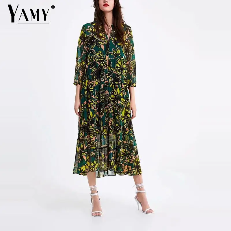 

Boho Vintage Green floral print dress women casual three quarter beach Party maxi dress 2019 Summer Plus Size Dress vestidos
