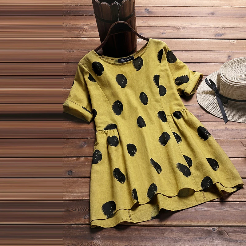 

2019 Vintage Women Linen Blouse Summer Autumn Party Top Female Polka Dot Casual Work Blusa Ladies Plus Size Short Sleeve Shirt