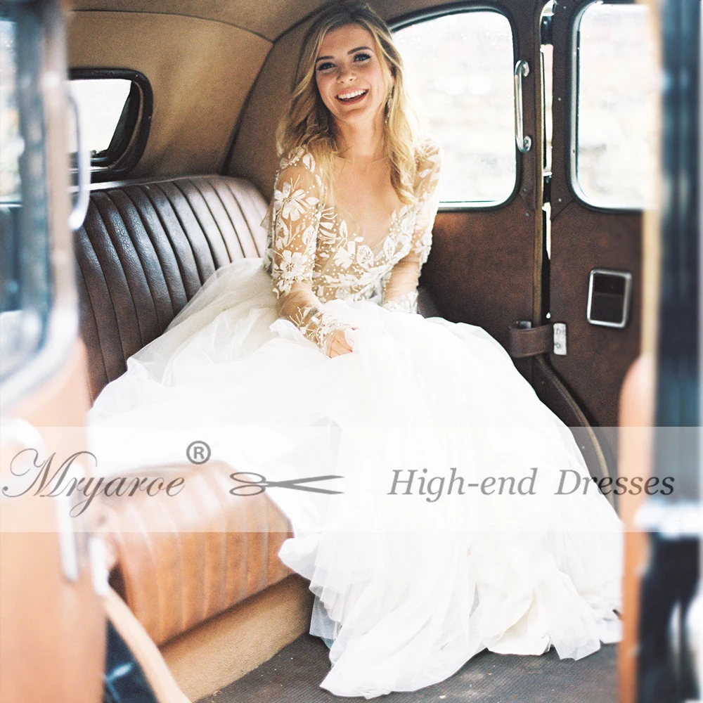 Mryarce Exclusive Lace Beading Open Back Wedding Dress Long Sleeve Scoop Tulle A Line Bridal Gowns Chic Style  (9)