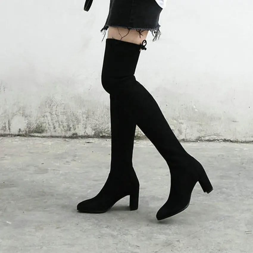 QUTAA/ г. Модные Узкие ботфорты из натуральной замши на толстом каблуке зимняя женская обувь на шнуровке с круглым носком размеры 34-39