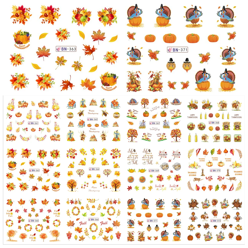 

12 Designs In One Set Thanksgiving Nail Sticker Water Transfer Nail Art Decal Yellow Leaf Turkey Designs Decorations JIBN361-372